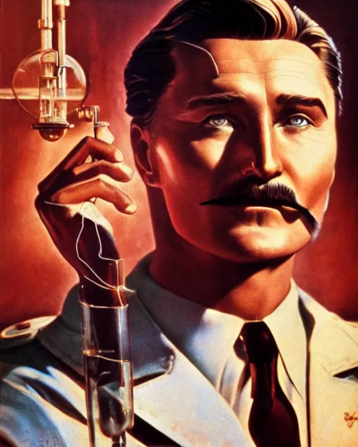 Image similar to Errol Flynn as a scientist. 1980s dystopian Soviet Russia, propaganda screens. Stephen Bliss, unreal engine, fantasy art. Faithfully depicted facial expression, perfect anatomy global illumination, radiant light, detailed and intricate environment