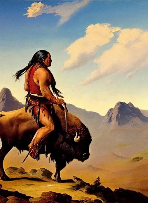 Image similar to native american riding bison, buffalo, native american warrior, mountain range, beautiful sky, standing on the edge of a cliff, 1 9 th century, painted by frazetta