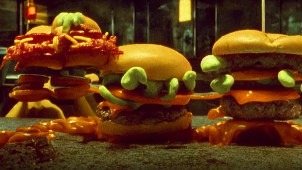 Image similar to the strange cheeseburger creature at the fast food place, film still from the movie directed by denis villeneuve and david cronenberg with art direction by salvador dali and zdzisław beksinski