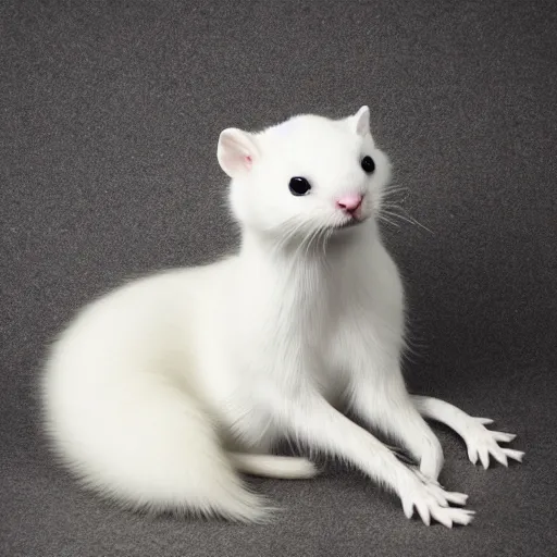 Prompt: singular animal that is white cat cross white rabbit cross white ferret, studio photography