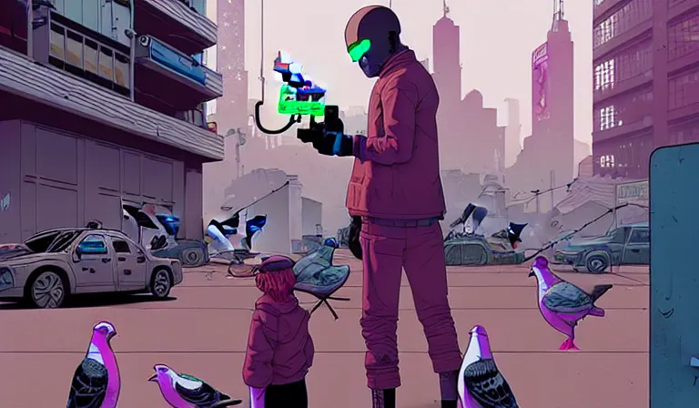 Prompt: cyborg feeding electric pigeons at a dirty crowded streetcorner, cyberpunk, by Josan Gonzalez and Tomer Hanuka, bokh, dof