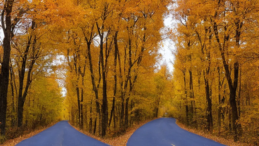 Image similar to a photograph of a country road lined on both sides by maple and poplar trees, in the autumn, red orange and yellow leaves, some leaves have fallen and are under the trees and on the road