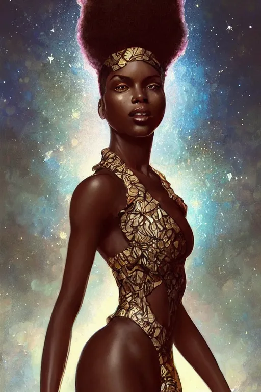 Prompt: full body portrait of very beautiful and attractive African-American woman, funkadelic spacesuit, real life skin, intricate, elegant, highly detailed, artstation, concept art, smooth, sharp focus, face by wlop, art by artgerm and greg rutkowski and alphonse mucha