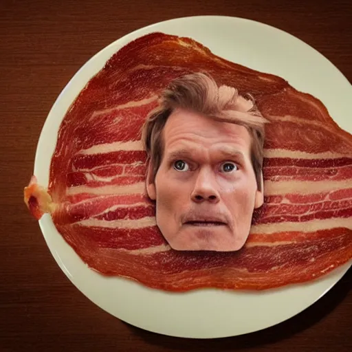 Image similar to an ultra realistic photograph of a bacon rasher on a plate, with kevin bacon's face