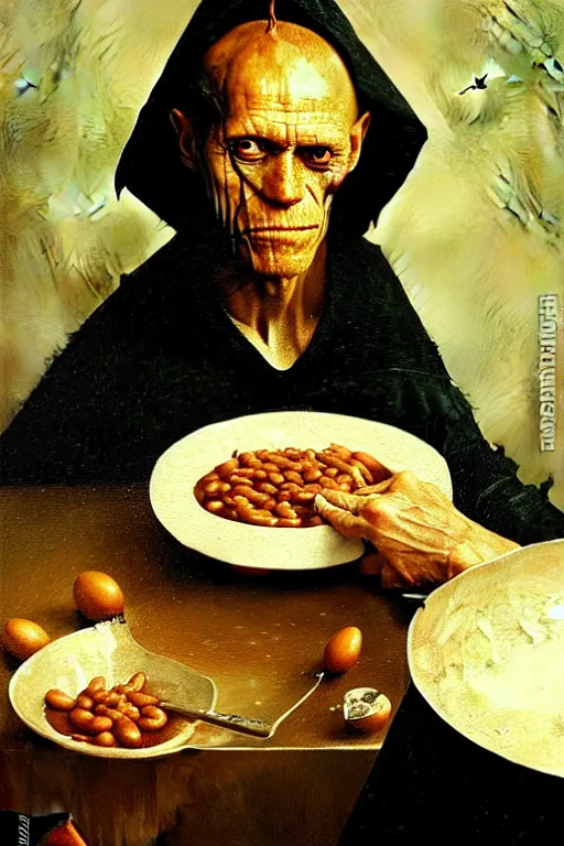 Prompt: hieronymus bosch, greg rutkowski, anna podedworna, painting of willem dafoe eating baked beans and eggs