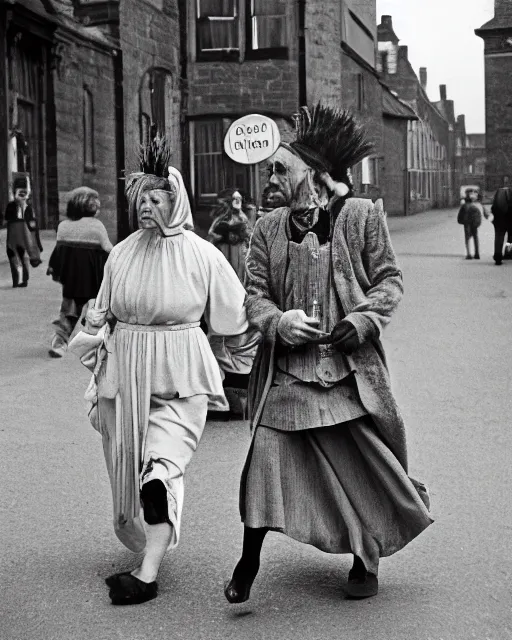 Image similar to Award winning reportage photo of Welsh Natives wearing traditional garb by Garry Winogrand and Dian Arbus, 85mm ND 5, perfect lighting, gelatin silver process