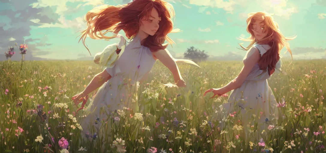 Image similar to a beautiful southern woman named Savannah, innocent, somber turquoise eyes, freckles, long ginger hair tied with white ribbon, relaxed in a field of flowers on a farm, gentle lighting, storm in the distance, western clothing, dress, digital art by Makoto Shinkai ilya kuvshinov and Wojtek Fus, digital art, concept art,