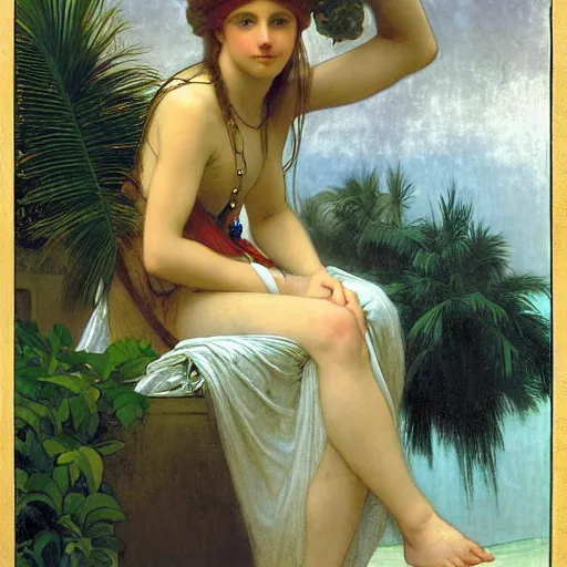 Image similar to Girl with a blood chalice at the palace, thunderstorm, pool, beach and palm trees on the background major arcana sky, by paul delaroche, alphonse mucha and arnold böcklin arnold böcklin hyperrealistic 8k, very detailed