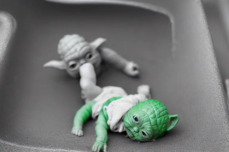 Image similar to baby-yoda!!!!!!, happy, in a playground, on a slide, arms in the air, shallow depth of field,