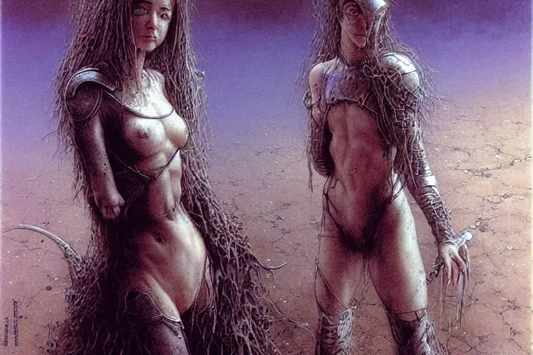 Image similar to cute young alyson hannigan with short hairs in medieval city by luis royo and wayne barlowe, beksinski