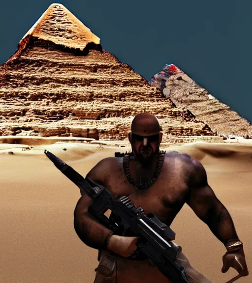 Prompt: a beefy man with a machine gun, egyptian pyramid in the background, 4 k, sharp focus, illustration, highly detailed, cyberpunk