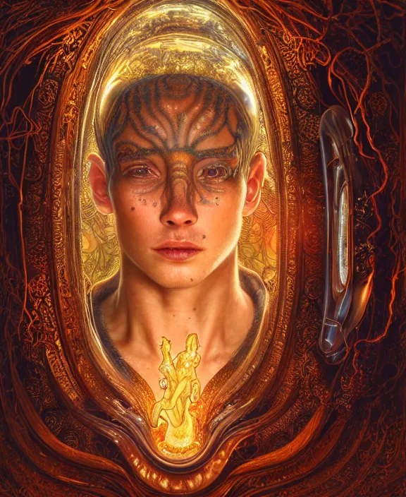 Image similar to intricate ornate opulent transparent clear see - through lava portrait of a terrifying beautiful male alien rat, mottled coloring, adorable, childlike, overgrown jungle environment, ultra realistic, concept art, art nouveau, photorealistic, octane render, 8 k, unreal engine. art by christopher marley and artgerm and greg rutkowski and alphonse mucha