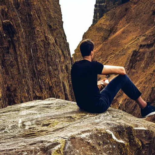 Prompt: man sitting on cliff looking at galaxy