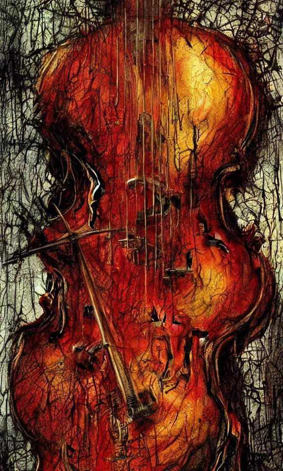 Prompt: hyper realistic 3 5 mm photograph of a peter seiman cello by bob eggleton and carne griffiths, cinematic, artstation, evil, possessed, scary, cgsociety,