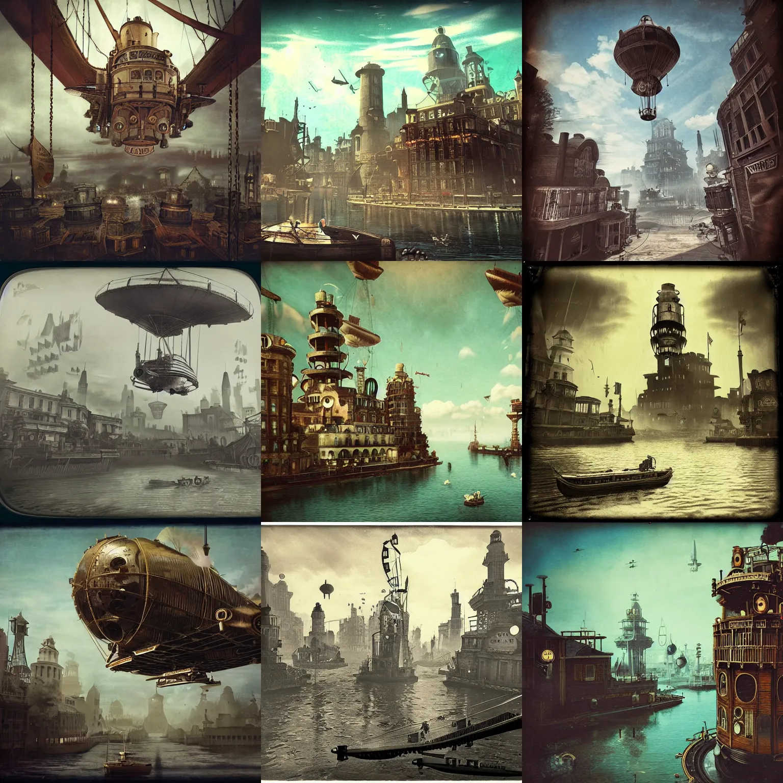Prompt: vintage daguerrotype 1 8 0 0 s photography of a steampunk city floating in the sky, steampunk, flying airships, bioshock infinite, endless city, realistic