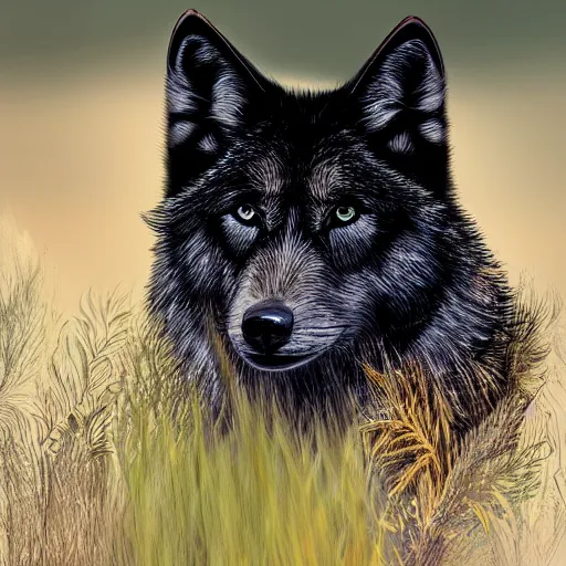 Prompt: black wolf in a grassy australian desert, gold colored eyes, art station