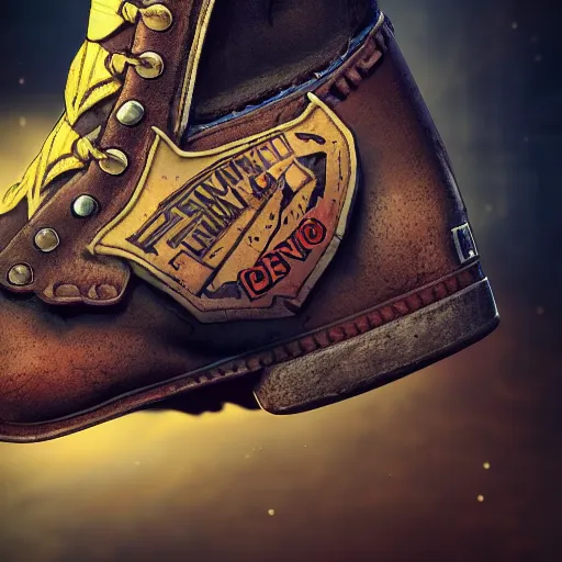 Prompt: a studio shot of mechanic boots made in heaven in the borderlands 3 style, close - up, cinematic shot, intricate, ornate, photorealistic, ultra detailed, realistic, 1 0 0 mm, photography, octane, high definition, depth of field, bokeh, 8 k, behance, artstation