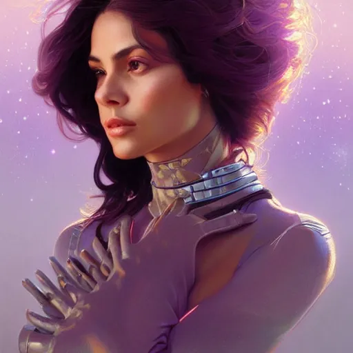 Image similar to Portrait of very very very very very very beautiful Latina woman, spacesuit, purple eyes, intricate, elegant, highly detailed, digital painting, artstation, concept art, smooth, sharp focus, illustration, art by artgerm and greg rutkowski and alphonse mucha