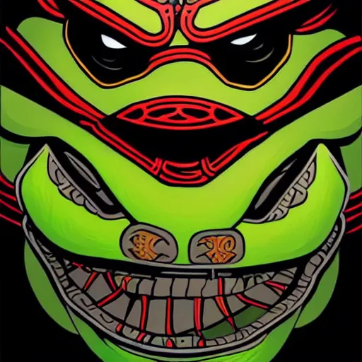 Image similar to side profile of barong family ninja turtles, wiwek, mara demon, one single tribe member, jungle, one single mask, dark, tribal, inner glow, art by dan mumford and justin gerard