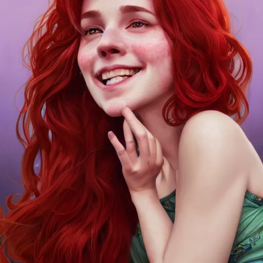 Image similar to close up portrait of a beautiful smiling girl with red hair and freckles, happy intricate, elegant. highly detailed, digital painting, artstation, concept art, smooth, sharp, focus, illustration. background is purple, art by artgerm and greg rutkowski and alphonse mucha,