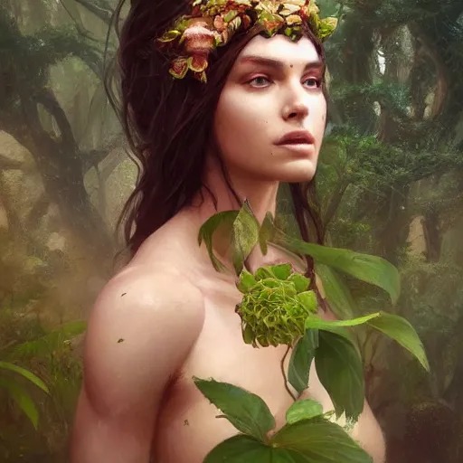 Image similar to a beautiful portrait of a plant goddess by Greg Rutkowski and Raymond Swanland, Trending on Artstation, ultra realistic digital art