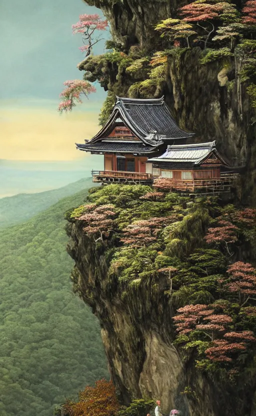 Image similar to amazing detailed intricate photorealistic painting of a house hanging off a cliff edge. a man is standing in the doorway waving. japan. hd. hq