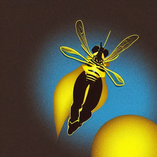 Image similar to human man that resembles a wasp morh in surreal sketch style, blue and yellow gradient, noise, ultrafine detail, hd 8k, logo illustration