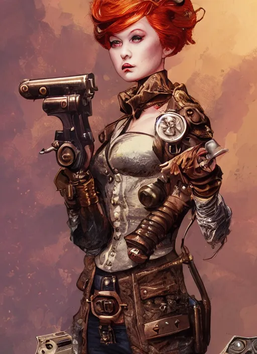 Image similar to 8K, realistic ginger Lady Mechanika in a Comic Book cover, holding a shotgun, and wearing victorian goggles in a ultradetailed Steampunk scenary, by Artgerm and Peter Andrew Jones Katsuhiro Otomo, trending on artstation, featured in Deviantart, Wallpaper, sharp focus, D&D, detailed, intricate, cinematic lighting,