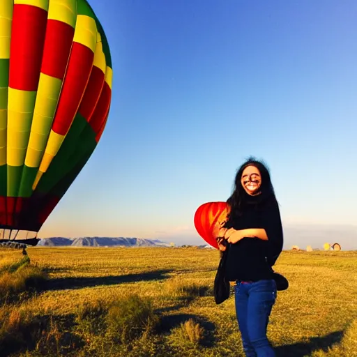 Image similar to smiling hippy, hot air balloon journey, pulp adventure, flying camp, camp gear, hippy belongings, cozy cabin, flying high, aerial, gradient aperture