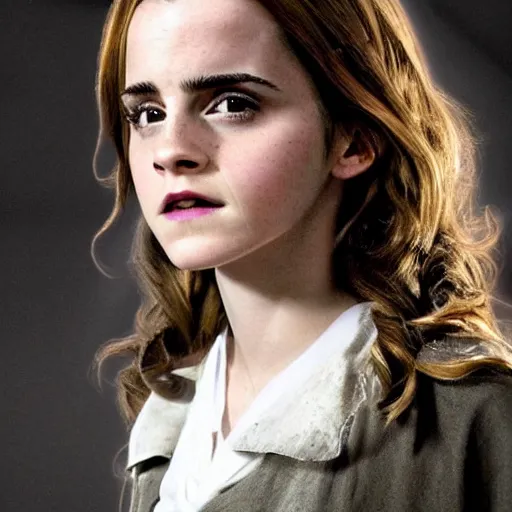 Image similar to emma watson cosplaying hermione granger at hogwarts, dramatic lighting, photorealistic, cinematic scene, super detailed, hyper realistic