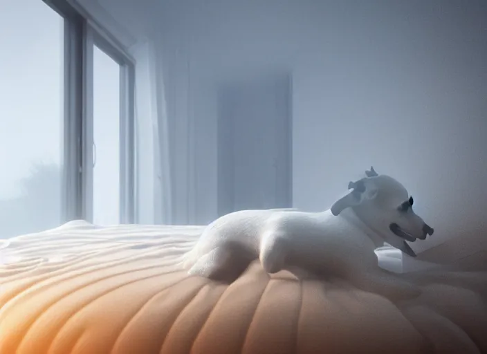 Image similar to photography of a Jack Russel watching outside the window on a bed in a 3d rendered white room, octane render, 3d, foggy, volumetric light, volumetric fog, photorealistic, unreal engine 5