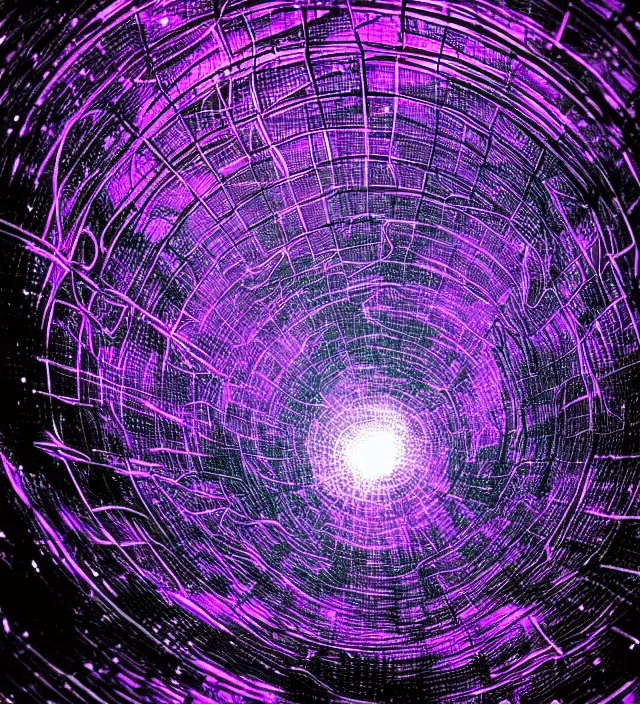 Prompt: an iridescent wormhole wireframe absorbing a galaxy, dark synthwave, aesthetic mood, vintage, sci - fi, inspired by jeffrey smith