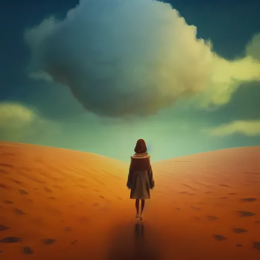 Image similar to closeup giant dahlia flower as head, a girl walking between dunes, surreal photography, sunrise, blue sky, dramatic light, impressionist painting, digital painting, artstation, simon stalenhag