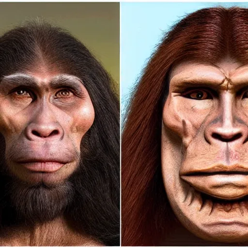 Prompt: Nine depictions of human faces from Neanderthal to Modern Human and beyond showing what humans may look like in the future