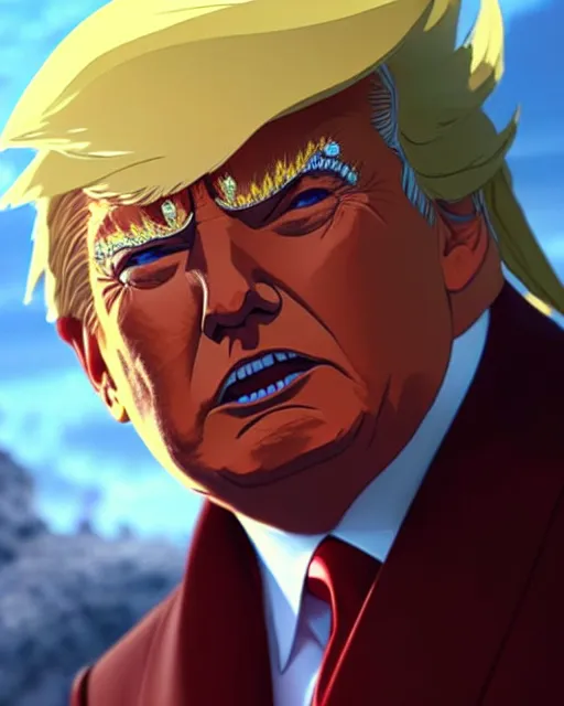 Image similar to donald trump as an azctec warrior, detailed perfect face, exquisite details, fire magic, mid view, design on a white background, by studio muti, greg rutkowski makoto shinkai takashi takeuchi studio ghibli