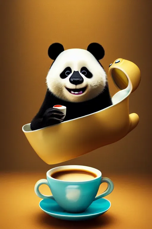 Prompt: a cute panda with big eyes looking at a cup of coffee, bamboos on background. Pixar Disney 4K 3d render funny animation movie Oscar winning trending on ArtStation and Behance. Ratatouille style.