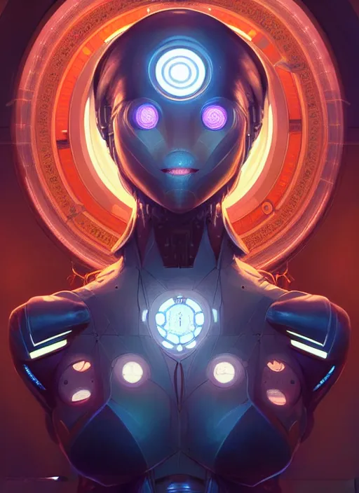 Image similar to symmetry, hi - tech robot in a spaceship intricate, elegant, highly detailed, digital painting, artstation, concept art, smooth, sharp focus, illustration, art by artgerm and greg rutkowski and alphonse mucha