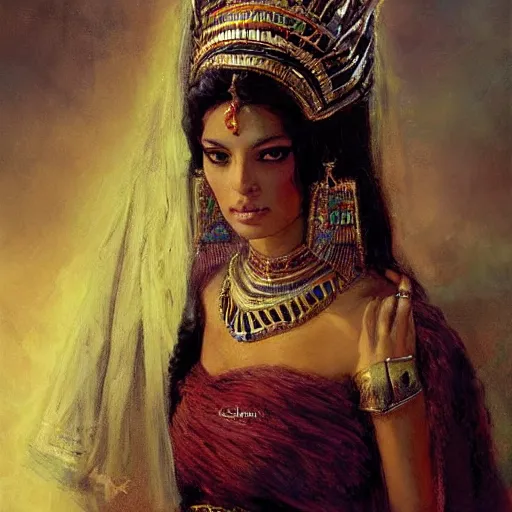 Image similar to elegant egyptian queen woman by a cemetary, detailed face, with a crown of skulls, skull earings, painting by Gaston Bussiere, Craig Mullins