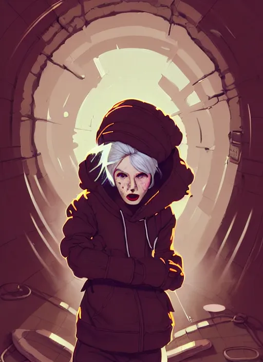 Image similar to highly detailed portrait of a sewer punk canadian lady, tartan hoody, white hair by atey ghailan, by greg rutkowski, by greg tocchini, by james gilleard, by joe fenton, by kaethe butcher, gradient red, brown, blonde cream and white color scheme, grunge aesthetic!!! ( ( graffiti tag wall background ) )