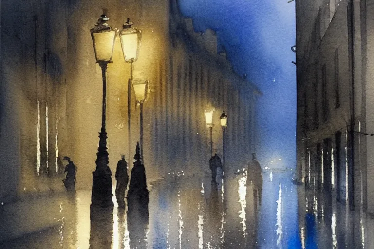 Prompt: a watercolour of rainy night at London ,blue and grey theme by Josepth zbukvic