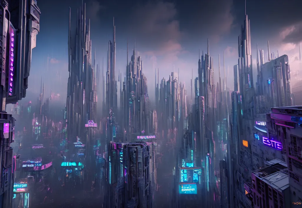 Prompt: stree view of a highly detailed crisp unreal engine render of a beautiful futuristic cyberpunk utopia city full of life where everything is white , building with neon like plants, stunning clowds on the sky, sunlight breaking through clouds, no signature, fliperama machines, earth in 3300, sci-fi, imagine, superb, colony, everything is perfect by wangchen-cg, 王琛,Neil blevins, artstation, Gediminas Pranckevicius