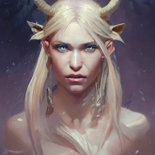 Prompt: A head-on detailed oil fantasy portrait of a pretty elf woman with small horns on her forehead, long blonde hair and bright irises, by greg rutkowski, trending on artstation, dungeon and dragons art