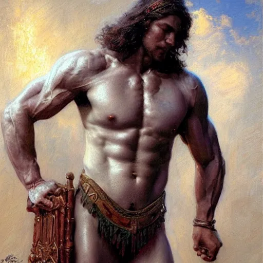Prompt: Vladimir Putin as a greek god, muscular, detailed face, thighs, painting by Gaston Bussiere, Craig Mullins