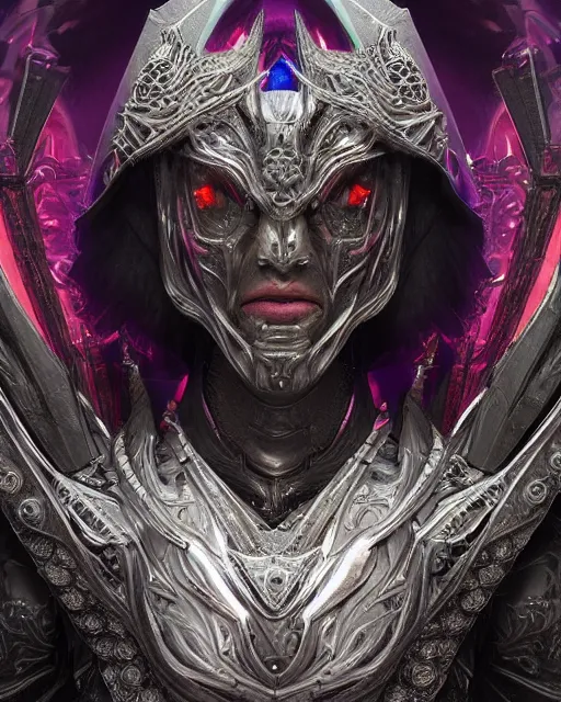 Image similar to a futuristic 3 d render portrait of ankou the evil lord wearing ornate armor made of highly detailed metal, surrealism, smooth, intricate, sinister, evil energy, death aura aura, neon glowing spells, matte painting, artstation, concept art, dark fantasy sci fi, sharp focus, cgsociety