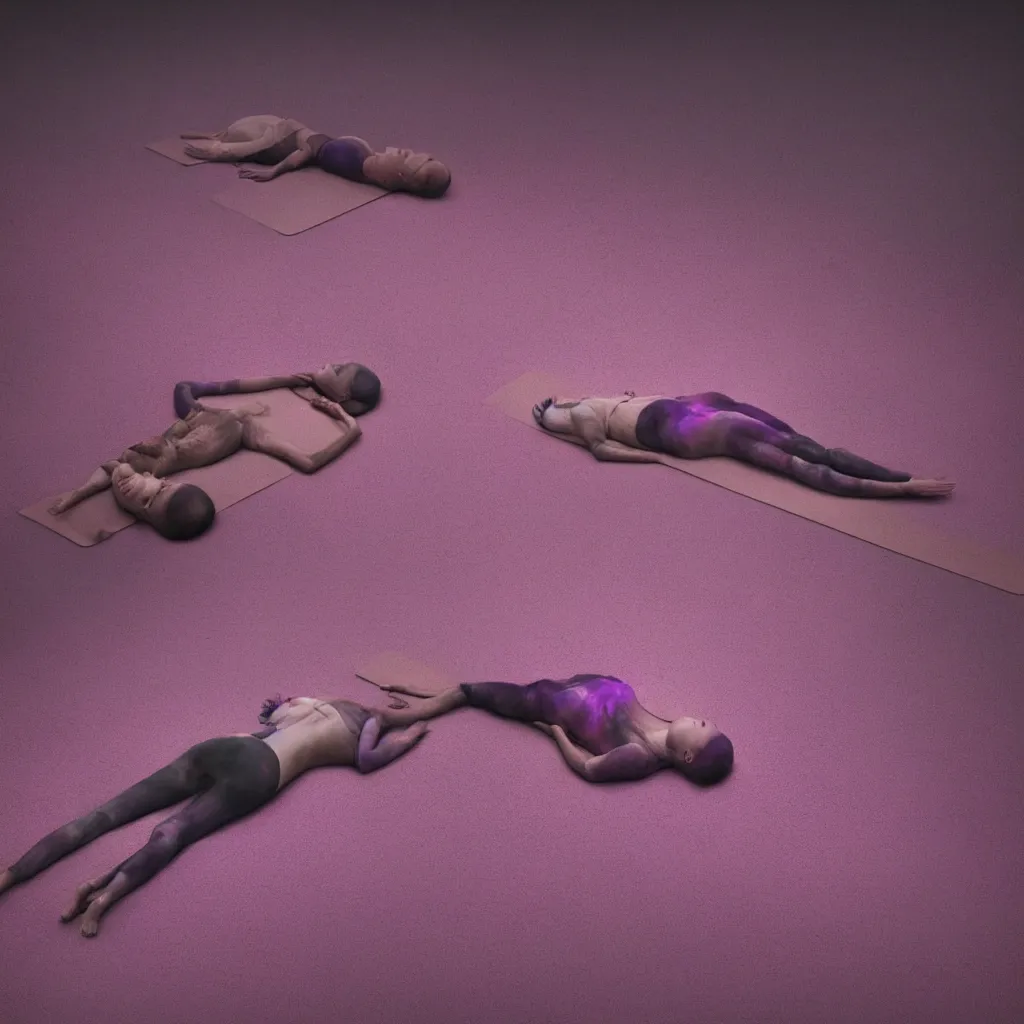 Image similar to iridiscent oil spill with women corpses connected by cables and computers to wax forms to a buried baby relaxing on yoga mat, faded, purple and red gradient, dust, purple fog, depth of field, by nadav kander and hans bellmer, 8 k, ultrarealistic, sad atmosphere, cinematic, 8 5 mm lens