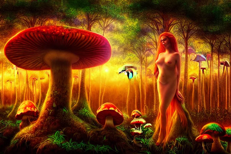 Prompt: a realistic portrait of a beautiful mushroom goddess in an enchanted psychedelic mushroom forest, at sunset, wlop,