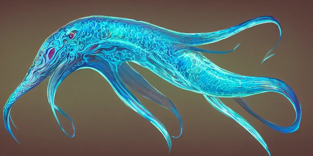 Image similar to squid, stylized layered shapes, long flowing fins, bioluminescent orbs, diffuse lighting, glowing eye, intricate, elegant, highly detailed, lifelike, photorealistic, digital painting, artstation, smooth, sharp focus,