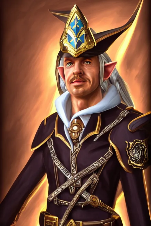 Image similar to high elf mall cop with a sheriff's badge, they are shifty and incompetent, Oil Painting, hyperrealistic, Detailed Digital Art, RPG portrait, 3/4 bust, dynamic lighting, Highly Detailed, Cinematic Lighting, 8k, HD