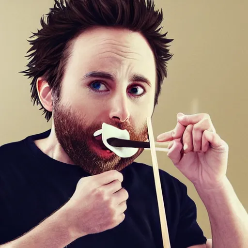 Prompt: Charlie Day eating sushi out of a white toilet bowl with chopsticks, 8k, photo realistic