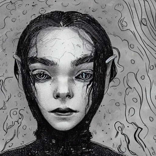 Prompt: Elle Fanning in the illustrated world of Dark Souls, head and shoulders masterpiece, apocalypse, golden hour, cosmic horror, artstation, in the style of Tove Jansson, extremely detailed